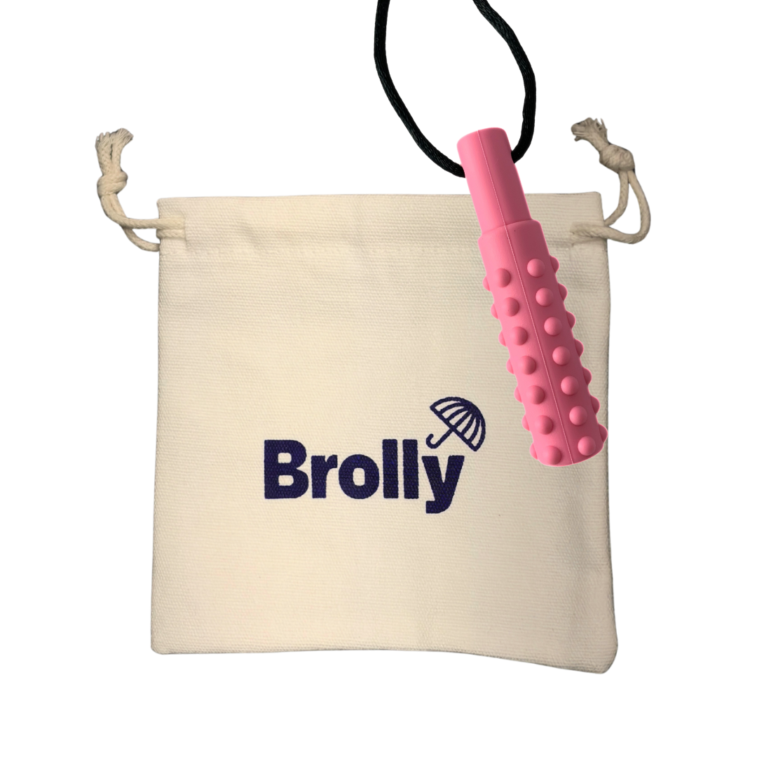 Beige drawstring pouch and Mace-shaped Brolly Chew Necklace on a black cord against a white background - Pink