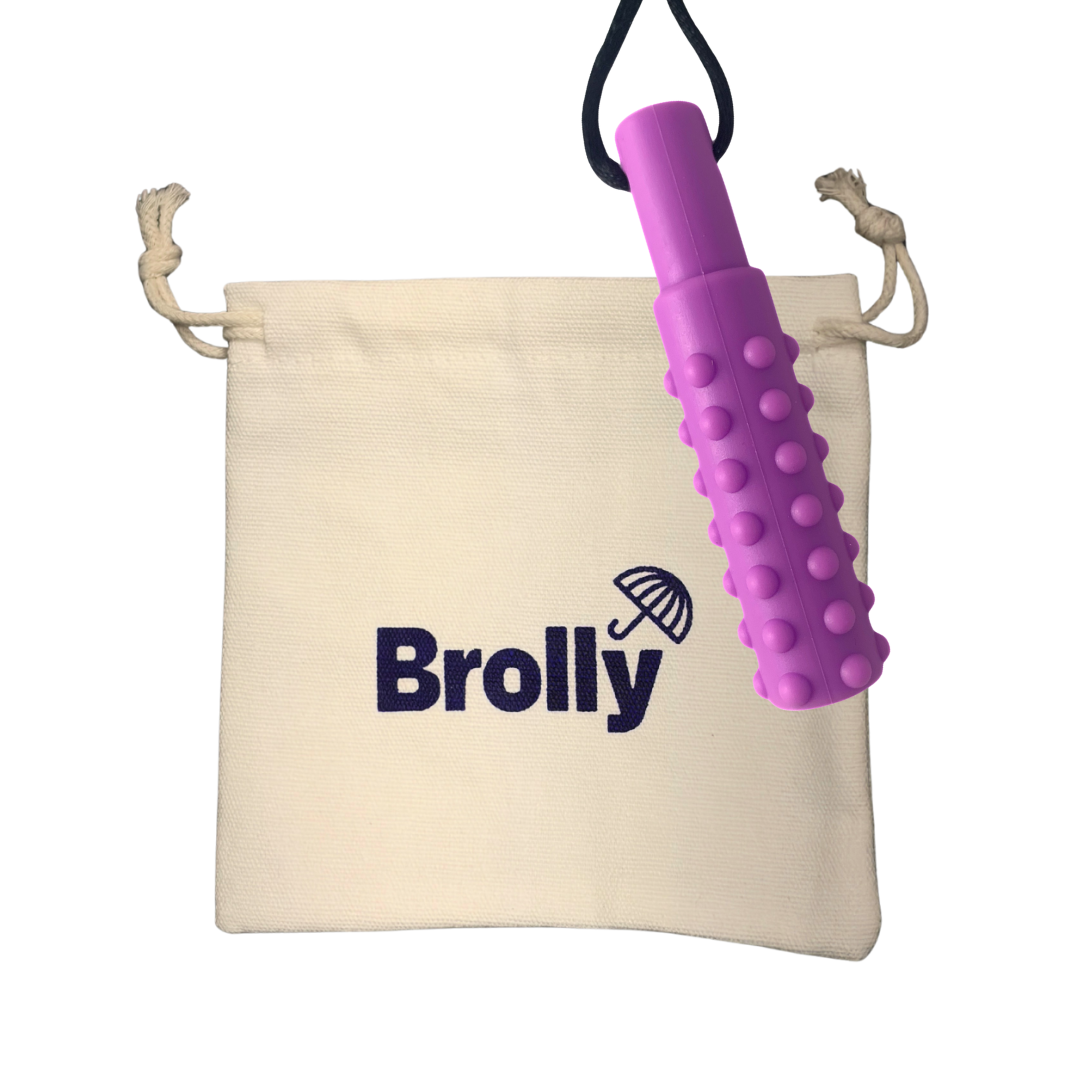 Beige drawstring pouch and Mace-shaped Brolly Chew Necklace on a black cord against a white background - Purple