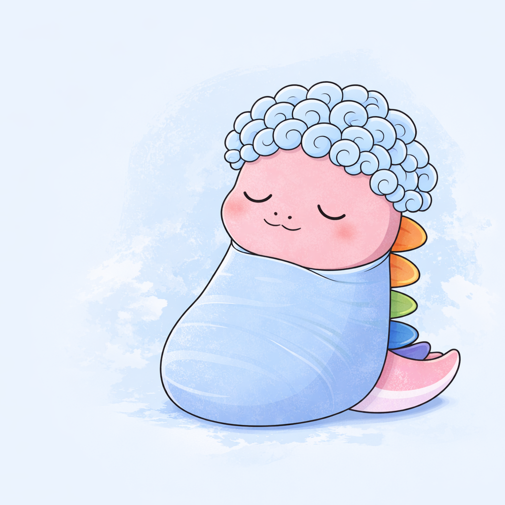 Illustration of a cute, cartoon-like character with a colorful shell on a light blue background