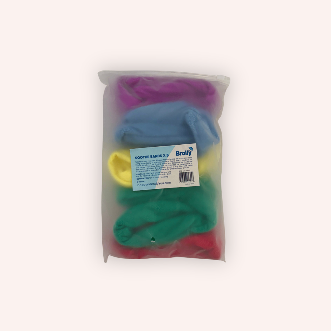 Soothe Bands 5 pack packaging — blue, purple, red, yellow and green cotton sensory bands