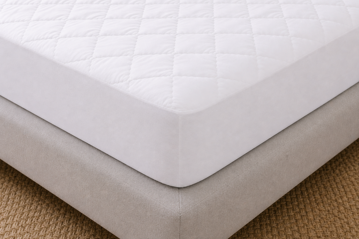 close-up corner fitted on essential mattress protector white fitted corner with deep stretch skirt