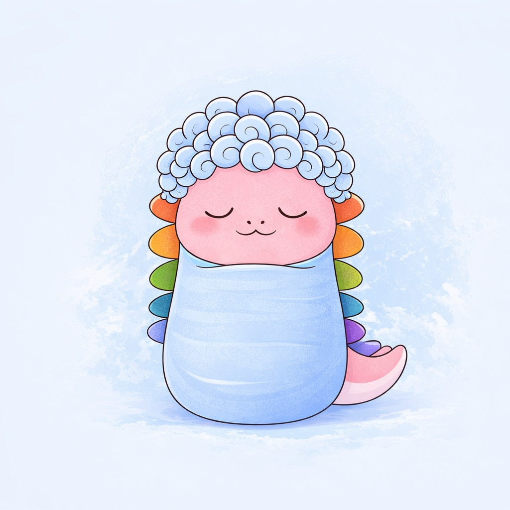 Cartoon character with colorful hair and a blue outfit on a light blue background