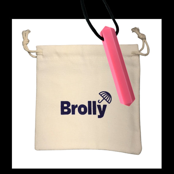 Beige drawstring pouch and Shark Tooth-shaped Brolly Chew Necklace on a black cord against a white background - Blue