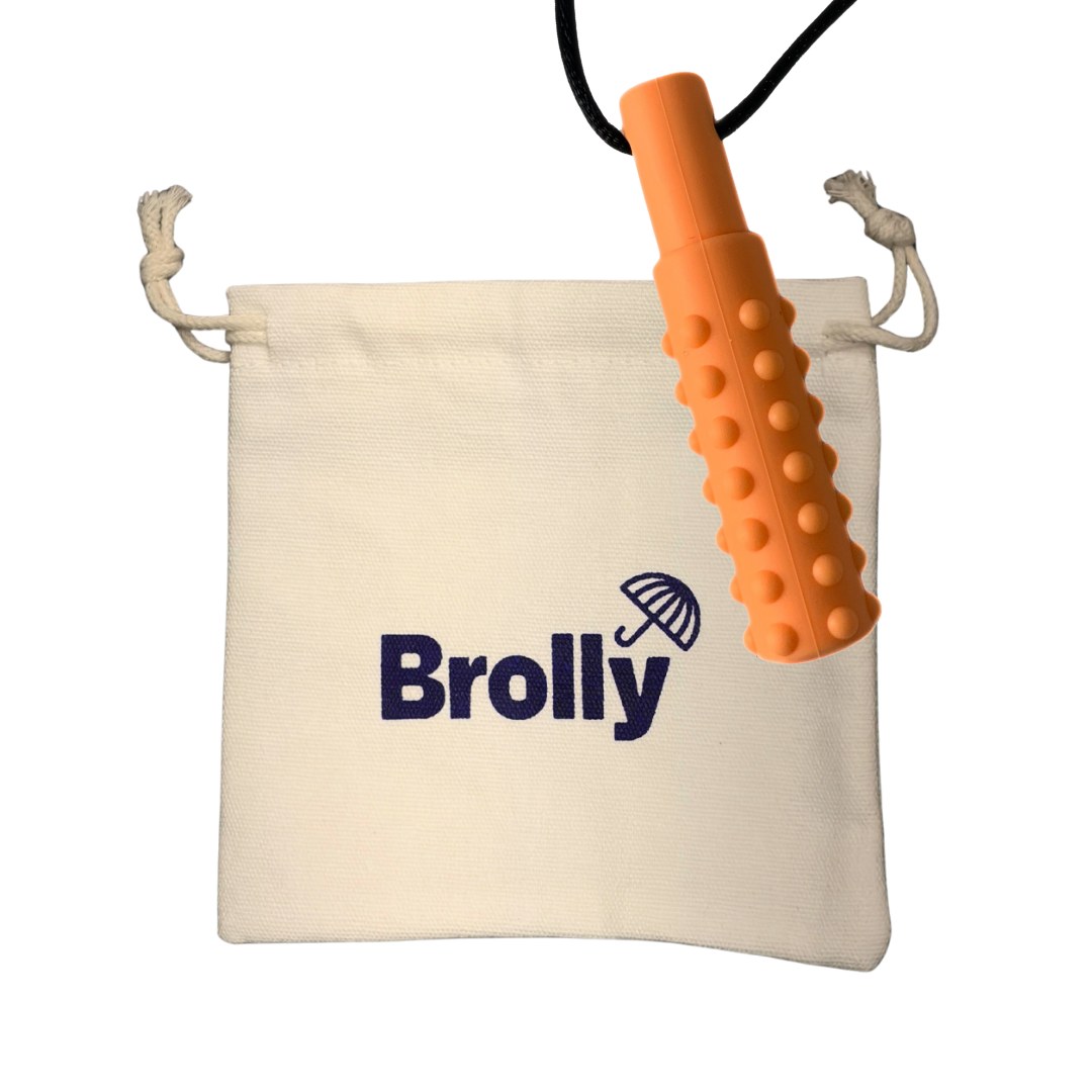 Beige drawstring pouch and Mace-shaped Brolly Chew Necklace on a black cord against a white background - Orange